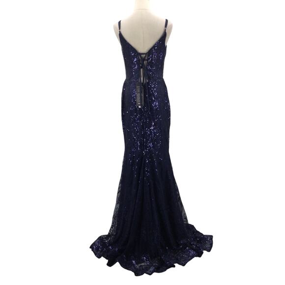FORMAL 10 L  navy blue embroidered mermaid sequin prom party maxi dress NEW B105 - Picture 2 of 7